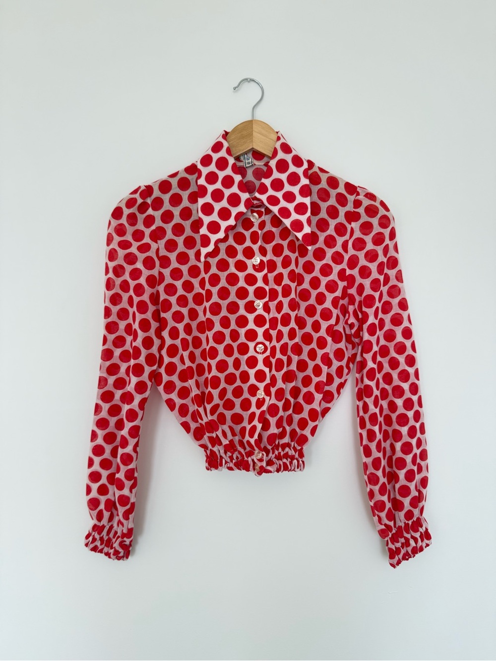 Vintage Red Polka Dot Button-Down Top Cotton Blend S/2/40 Made in Germany 60s